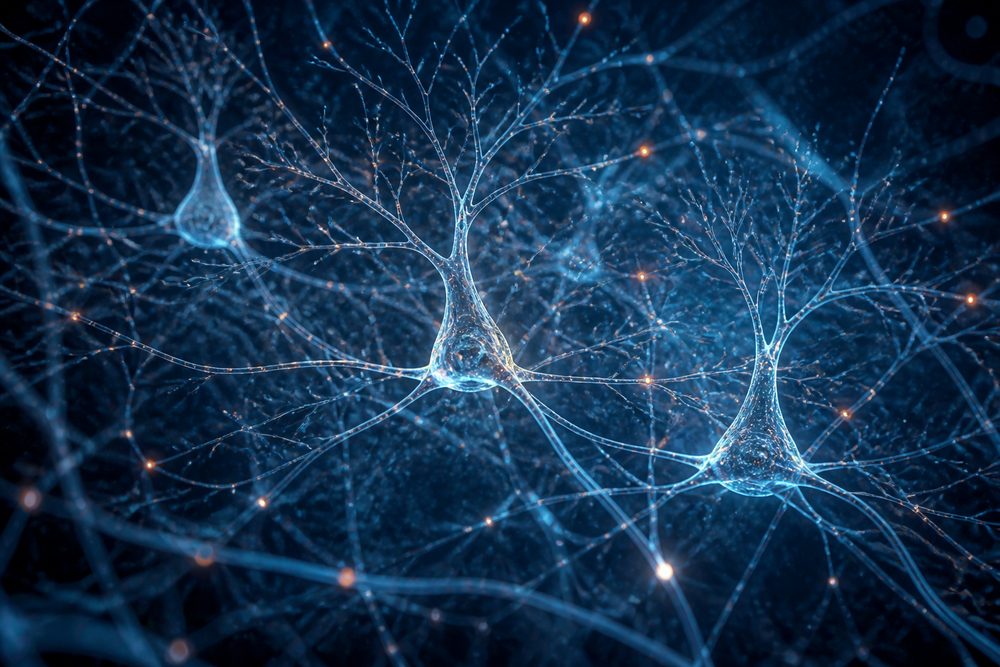Red de neuronas con señales sinápticas recorriendo sus conexiones