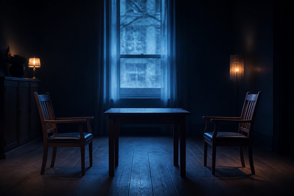 Dos sillas de madera vacías frente a frente junto a una mesa en una sala en penumbra