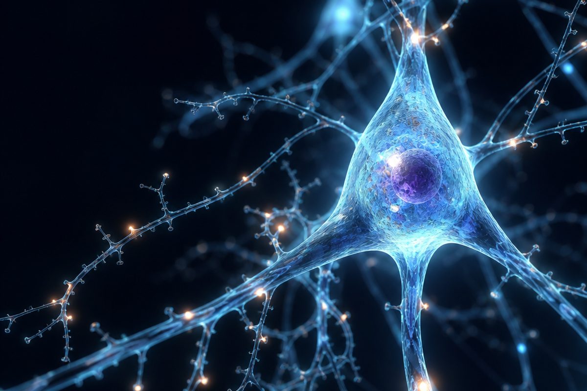 Neurona con señales sinápticas, ilustración de la actividad psíquica